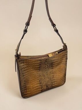 GENNY Italy Women's Crocodile Embossed Leather Handbag Brown Bronze